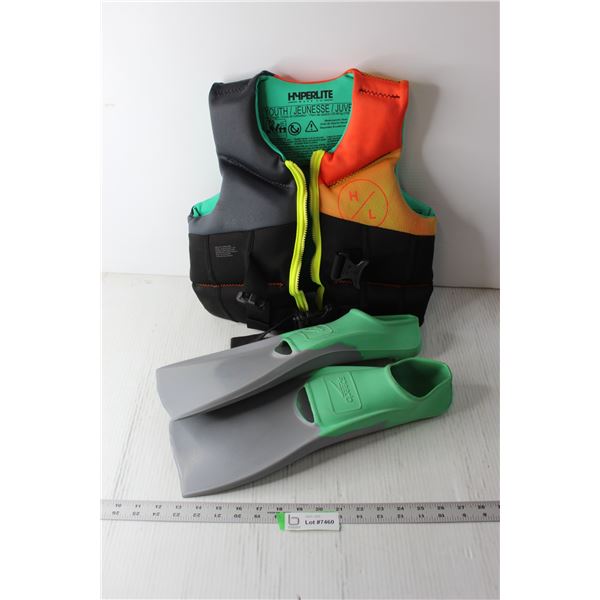 Youth Life Vest and Flippers - Size Small `