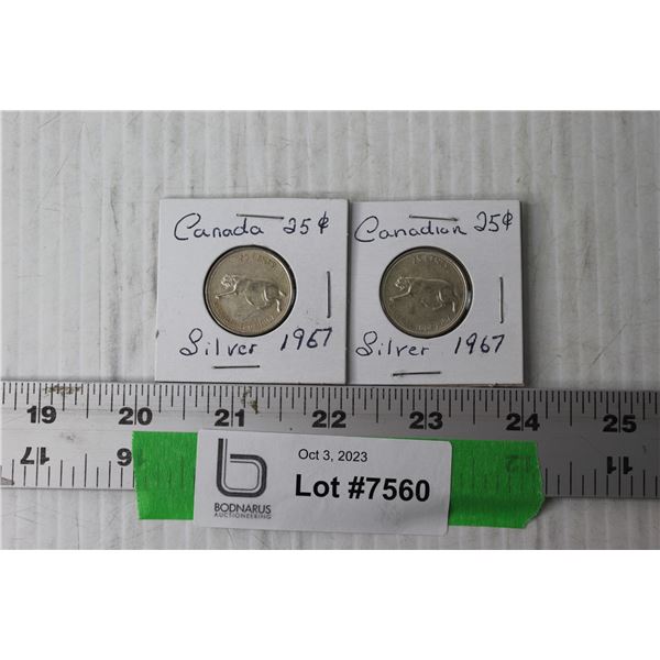 (2) Silver 1967 Canadian Quarters