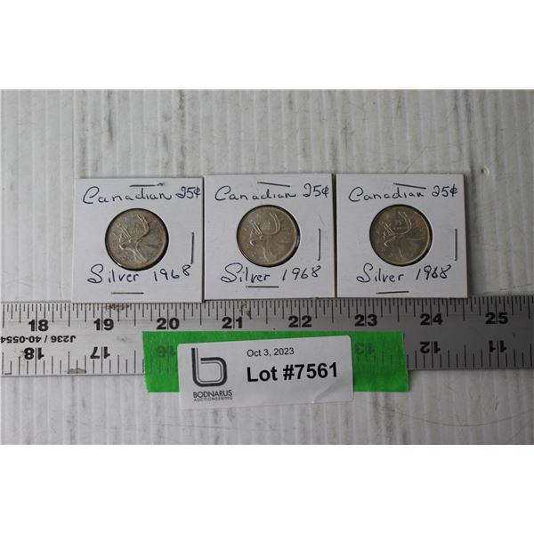 (3) Silver 1968 Canadian Quarters