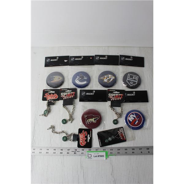 (6) NHL Magnets- Rangers, Ducks, Kings, Etc.  and (5) Sask Roughriders Charm Bracelets (NIB)