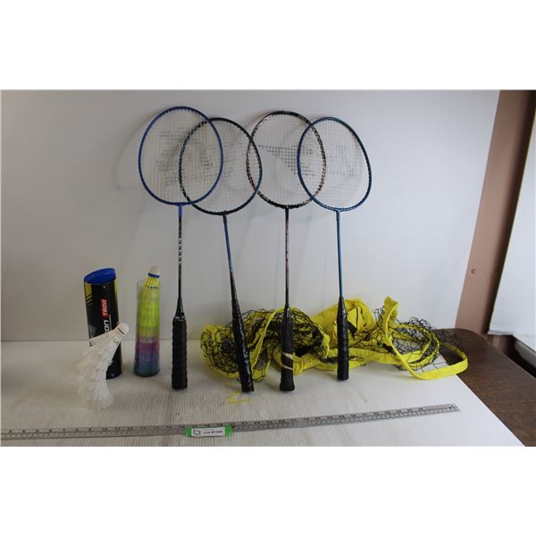 (4) Badminton Rackets, (14) Birdies, Net