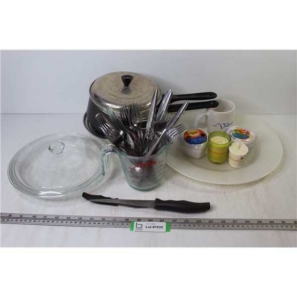 Pans - Glass Dish w/Lid (has chip) - Cutlery - Vallarta Souvenirs - Large Plate - 2 cup Pyrex Measur