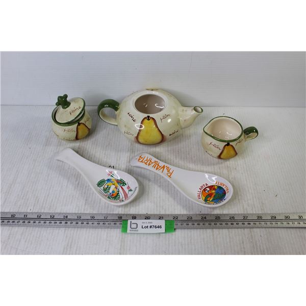 Morris Ceramic Tea Set (lid missing) - (2) Ceramic Souvenir Spoons