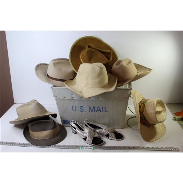 U.S. Postal Service Basket - (7) Vintage Hats - (1) Pair of Ladies Shoes (size8)