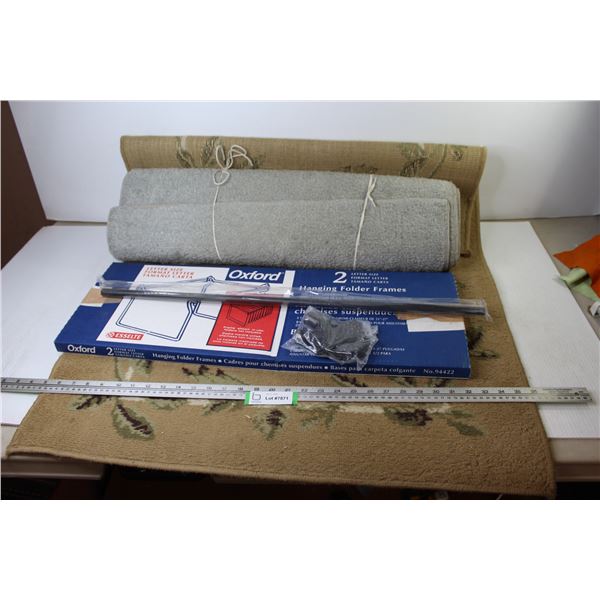 (2) Used Carpets (unknown length - dirty) - Hanging Folder Frames - Curtain Rod (28  new)