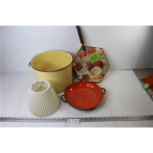 T-Fal Frying Pan (NIB) - Plastic Lamp Shade -(2) Enamel Ware Pans