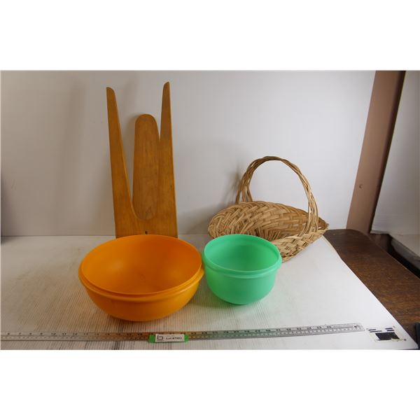 (2) Plastic Bowls, Wicker Basket, Wooden Fixture (?)