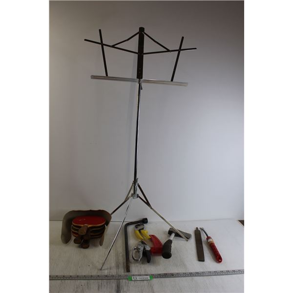 Hatchet, (4) Ping Pong Paddles, Music Stand, Misc.