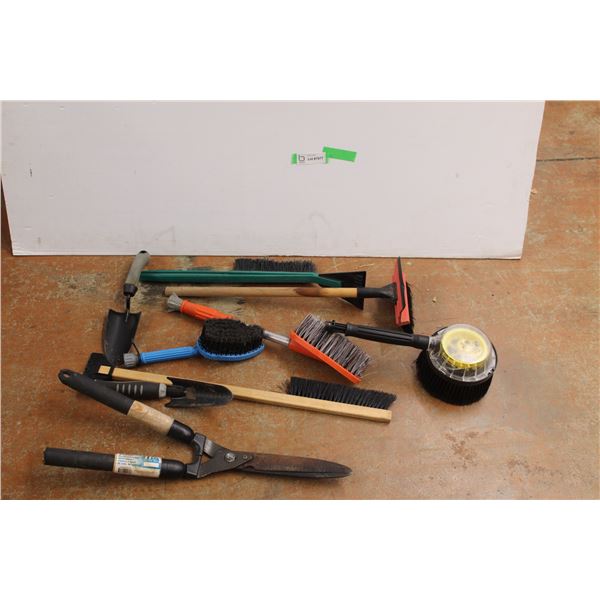 Hedge Shears, (2) Hand Shovels, (6) Brushes