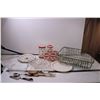 Image 1 : Cherry Themed Plastic Pitcher and Cup Set + Dish Rack and Misc. Glassware