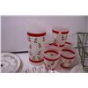 Image 2 : Cherry Themed Plastic Pitcher and Cup Set + Dish Rack and Misc. Glassware