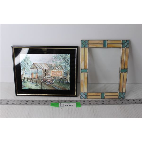 Framed Coca Cola Art and Stained Glass Frame - 8 1/2" x 10"