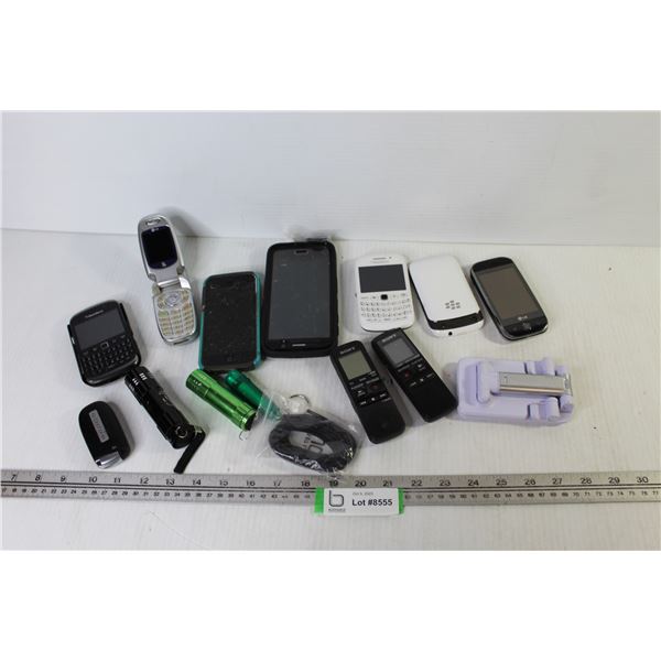 Assorted Cell Phones - Flashlights - (2) Sony Recorders (untested)