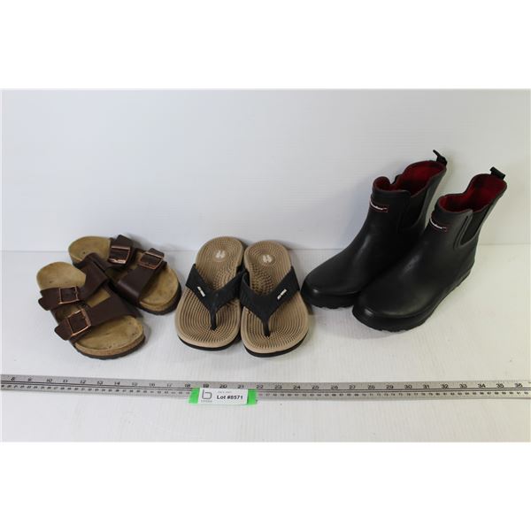 Canadiana Rubber Boots (size 5) - Birkenstock Sandals (size 37) - Accue-Reflex Sandals (size 40)