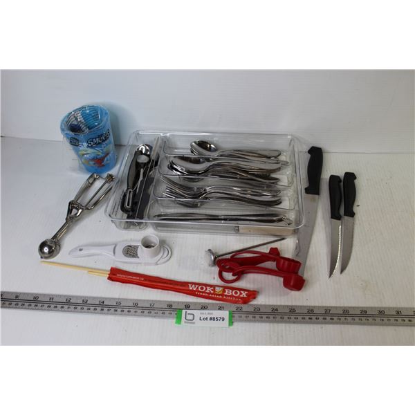 Silverware Tray - Cutlery & Knives - Plastic Smurfs Cup - Oven Thermometer - Assorted Kitchen Ware I