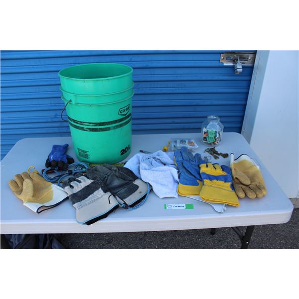 ** Pail of Misc. Gloves, Hand Tools, Keys, Misc.