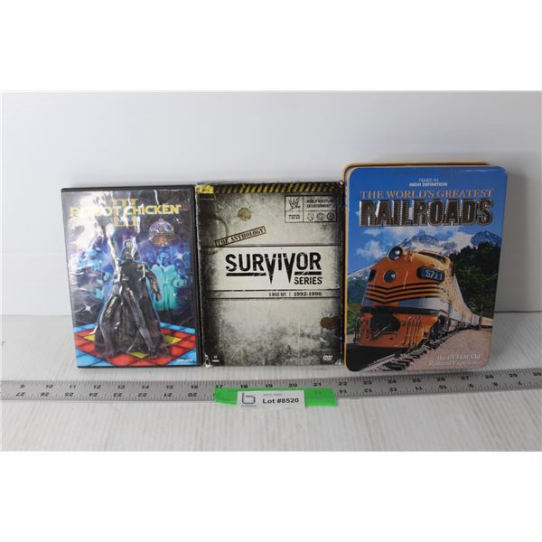 (3) DVDs - Robot Chicken, Survivor, Railroads