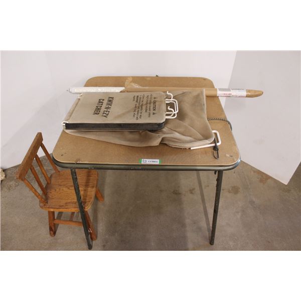 ** Card Table - Small Wooden Chair - Roller Blind - Lawnmower Bag