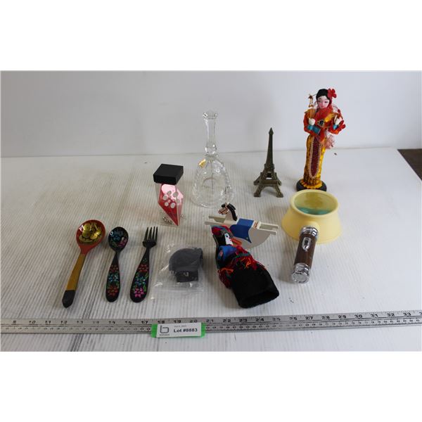 (3) Handmade Utensils, Small Eiffel Tower Decoration, Crystal Bell, Misc.