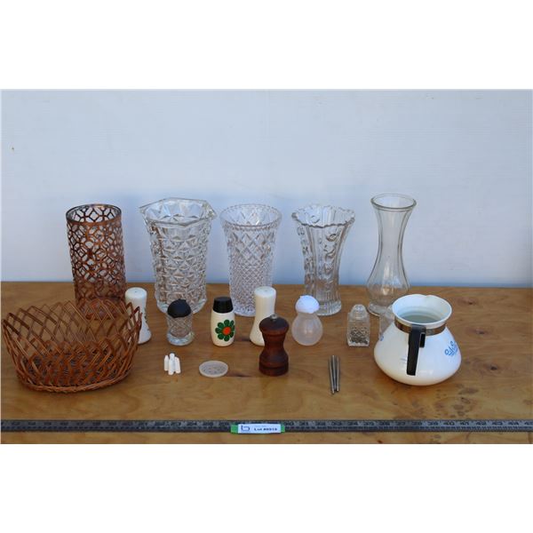 ** Corningware Coffee Pot, (5) Clear Glass Vases, Assorted Salt and Pepper Shakers