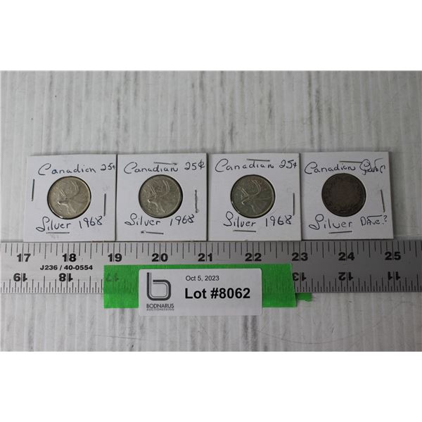 (4) Canadian Silver 25 Cent Coins