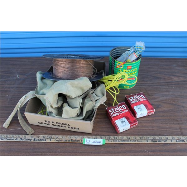 ** Sask CO-OP Apron, Assorted Rope, Roll of Wire, Misc.