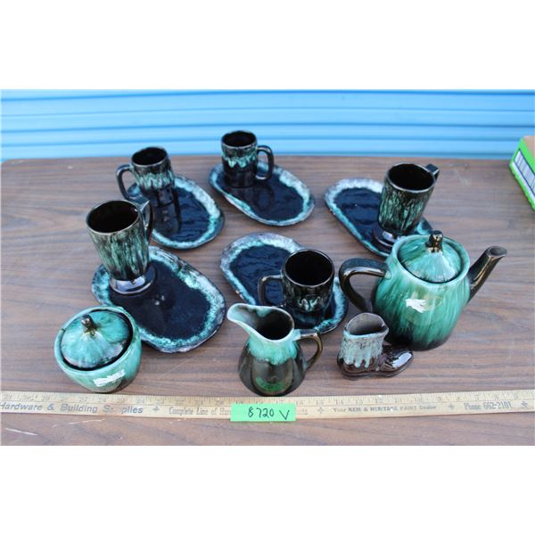 ** Blue Mountain Coffee Pot, Assorted Mugs and Plates