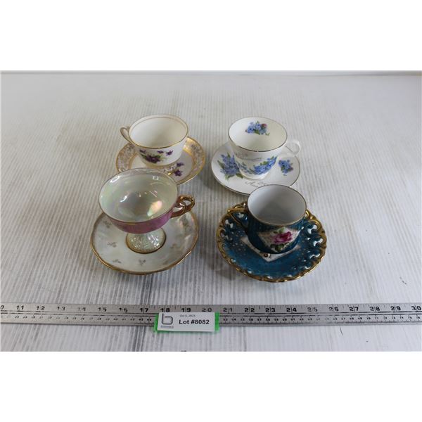 (4) Teacups, (4) Matching Saucers - Teal Teacup has Repaired Leg