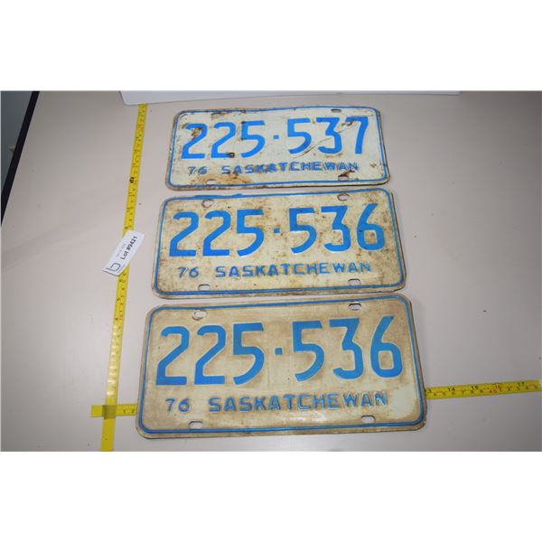 Matched Set of Sask 1976 License Plates + Extra 1976 Plate