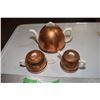 Image 1 : Copper and Ceramic Tea Set - Cream Sugar and Tea Pot - Some Damage