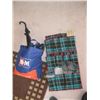 Image 1 : SHOE CADDY W/GLOVES & SCARFS, UMBRELLA & MISC. SHOPPING BAGS