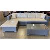 Image 1 : NEW HOME JUNCTION 3 PIECE OUTDOOR PATIO SECTIONAL W/ COFFEE TABLE - BEIGE CUSHIONS AND GREY WICKER, 