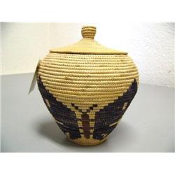 7" Dyed Grass Basket, Blue, Brown Butterfly by Loretta Nanak of Hooper Bay, AK
