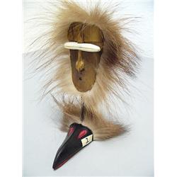 9" Mastadon White Ivory Carved Wood and Wolverine Masked man w/ Snow Goggles on Base