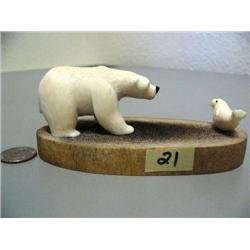 3" Ivory Polar Bear w/ baleen eyes and nose and 1 1/2" seal mounted on a whalebone base by Al Koonoo
