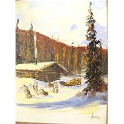 Dog Team in front of cabin, Original Oil by Ellen Henne Goodale (1915-1989)