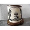 Image 1 : Elephant Ivory Scrimshaw of whaling vessel w/ whales on both sides on a wood base by CW Morgan