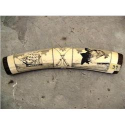 10 1/2" Elephant Ivory with scrimshawed scenes of whaling ship. harpoon, and whale