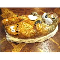 20" Soap stone Sea Otter by Michael Scott, Fossilized Ivory and Clamshell, rock on belly