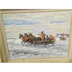 Original Oil Painting of Sled 20" x 24" image size by Czygan  Title: "Trotka"
