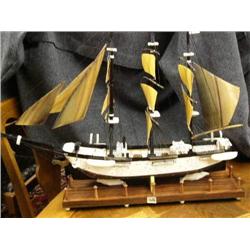 28" Ivory Baleen and Ebony, triple Masted Sailing Ship mounted on 2 Ivory Whales, Outrageous wood ba