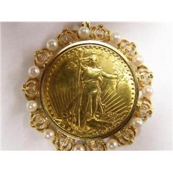 1927 Gold Piece in Custom 14 karat Gold Bezel Inset with Pearls
