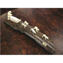18" Ivory 5 Dog Team, with man on Sled mounted on Mammoth Bark