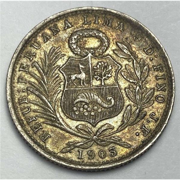 1903 Peru Silver 1/5 Sol .144 oz ASW