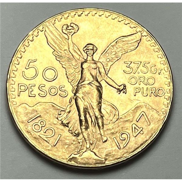 Last Minute! 1947 Mexican Gold 50 Pesos 1.2056 oz AGW Mint Condition