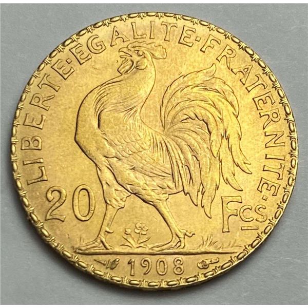 Last Minute! 1908 France Gold 20 Francs .1867 oz AGW Mint Condition