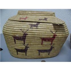 Outstanding Rare Oval 15" long x 11" high Grass Basket with Reindeer Design  (44)