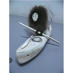 Whalebone and Ivory Sealskin Kayaker 13 1/2" by Maria Anariak of Togiak AK  104F