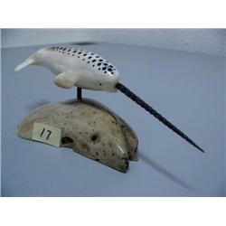 7 1/2" Fossilized Ivory Narwhal by Al Kooknook mounted on Walrus Jawbone (1)