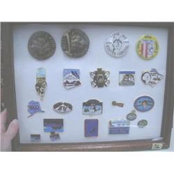 Collection of Iditarod Assorted Buttons, Pins, Frame Size 12" x 15" (54)